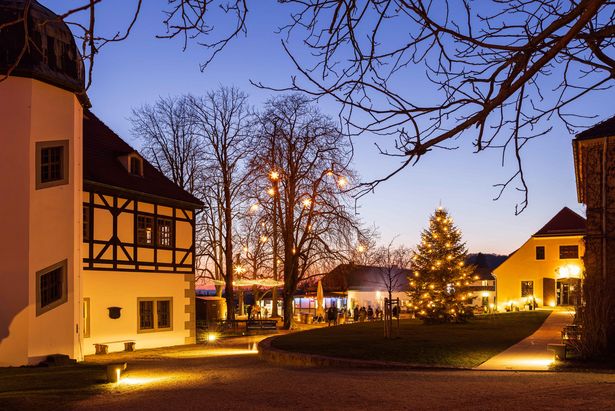 The picture shows a square with a Christmas tree in the middle. Houses are arranged all around. Fairy lights create a cozy Christmas atmosphere. It's evening, the sky is dark.