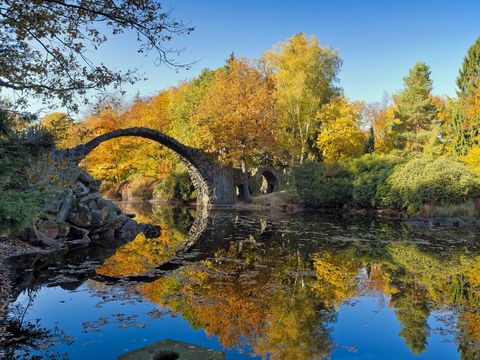 Seitliche Aufnahme der Kromlau Brücke im Herbst